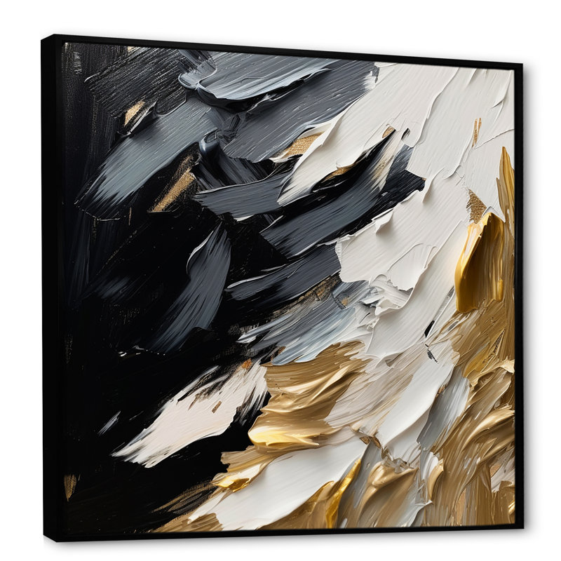 Golden Wave Reflections V - Art mural abstrait grand, H 16 po x l 16 po x P 1 po, Toile avec cadre flottant noir