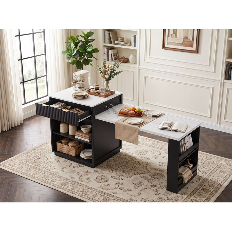 82.6" Fluted Kitchen Island With Extendable Dining Table & Storage For 2-6,Double Side Storage,Charging Station, Spice Racks For Dining Room