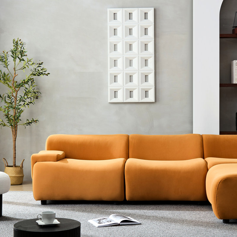 Solid Wood Based With Luxurious And Comfortable Orange Fabric 4 Seats Cloud Textile