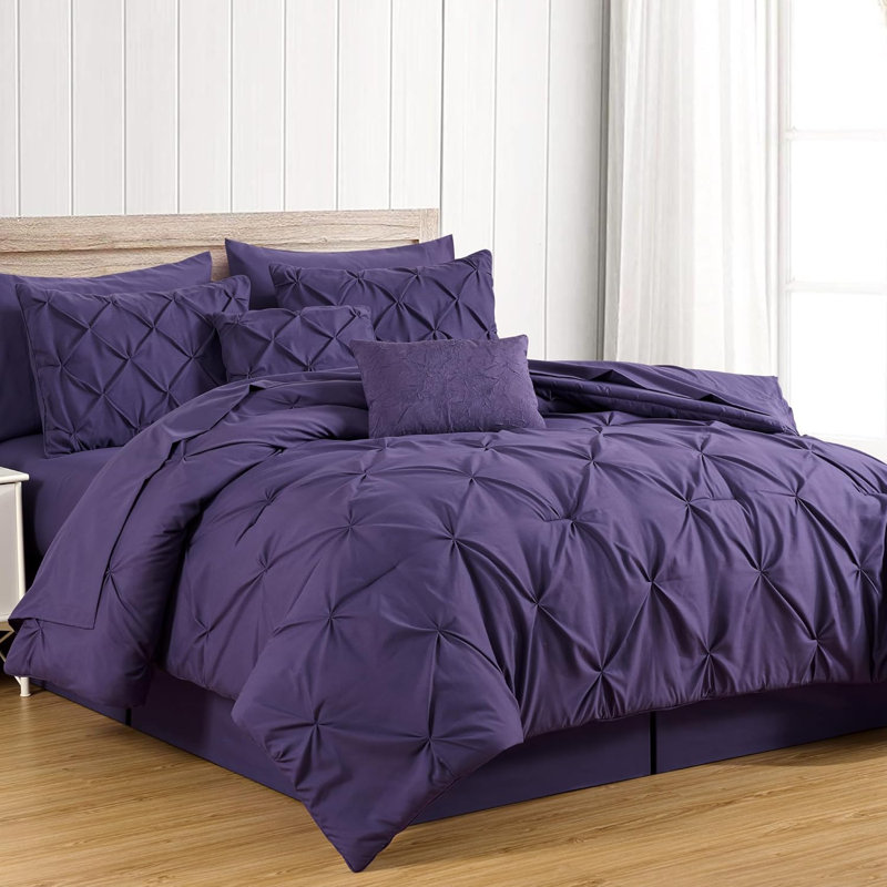 10-Piece Pintuck Bed in a Bag Comforter Set with Sheets and Decorative Pillows, Dark Purple