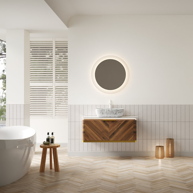Meuble-lavabo flottant 36 po, armoire en contreplaqué grain de bois noyer foncé avec tiroir et capteur de lumière, plateau en pierre frittée et vasque rectangulaire en céramique à motif marbré, pré-assemblé