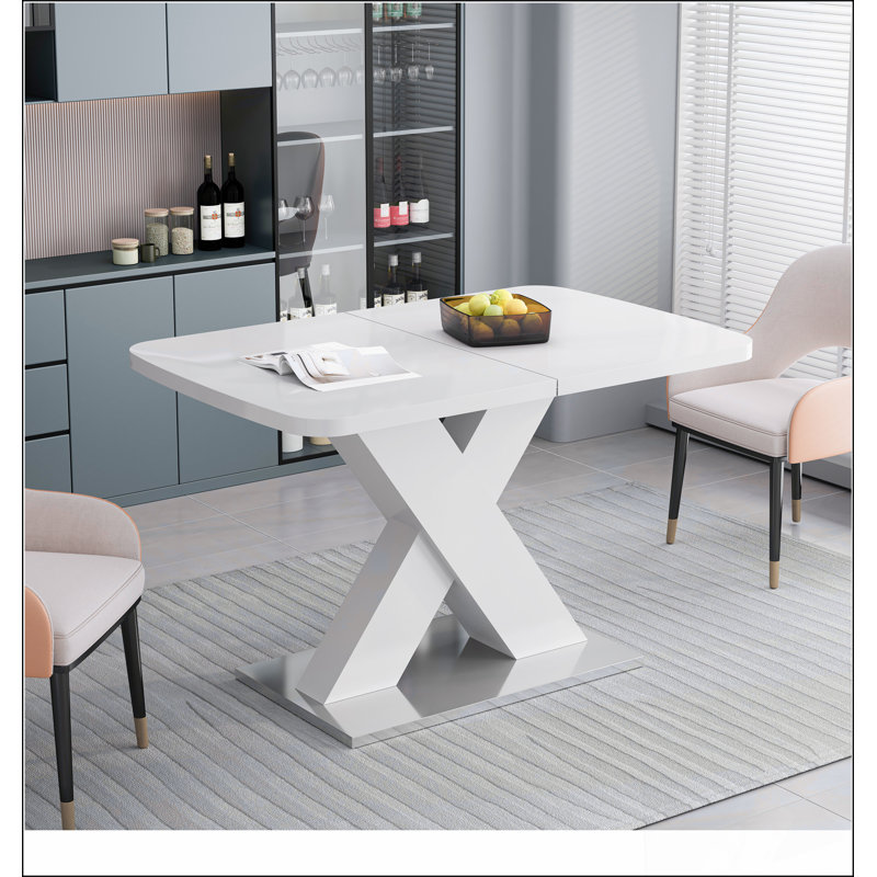 Table de salle à manger moderne carrée, extensible, plateau de table blanc + pied de table en MDF en X avec base en métal