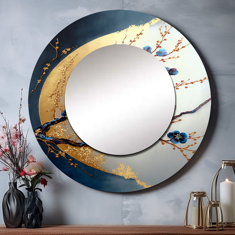 Pierse Blue Cherry Blossom Branch IV - miroir bonsaï, miroir mural rond bleu unique, impression sur métal, 29 po x 29 po