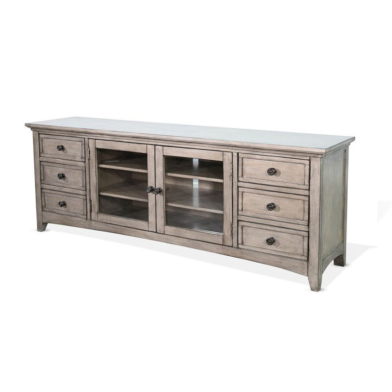 Meuble télé Xyla 72 po, porte en verre, 6 tiroirs, gris, Gris, H 27 po x L 72 po x l 17 po