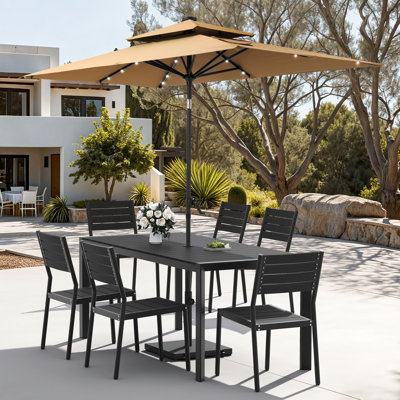 Ensemble de salle à manger en aluminium pour 6 personnes avec chaises empilables, parasol solaire à DEL et base lestée