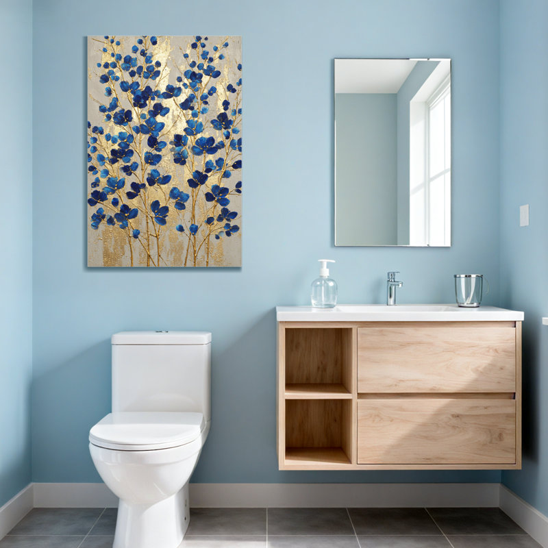 Plantes et fleurs fleurs bleues sur fond doré, H 48 po x l 32 po