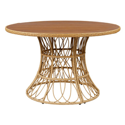 Durable Outdoor Dining Table - Round Acacia Wood Top & Wicker Base, Patio Table For 4 - 6, Garden Outdoor Furniture (Compatible With Matching Chairs)