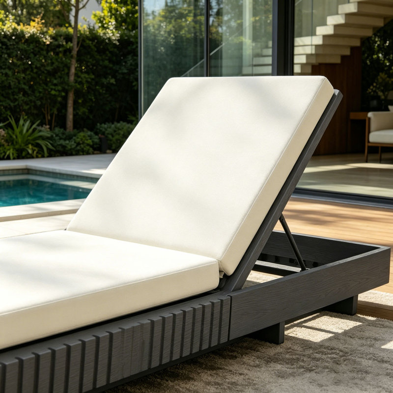 Solid Wood Lounge Chaise, Dark Gray+Cream Cushion