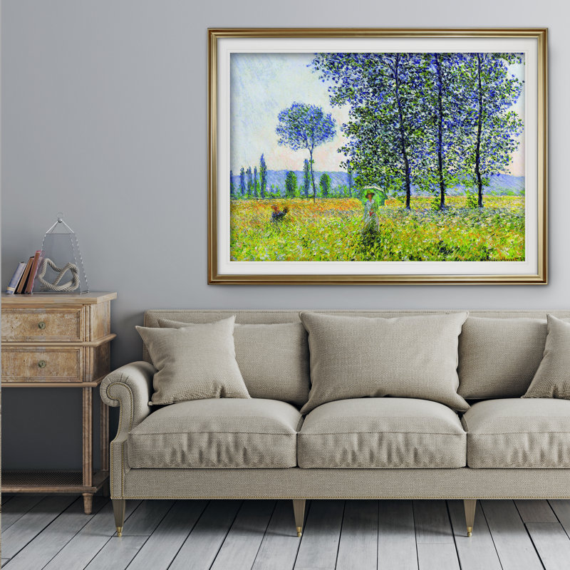 «Field in Spring», reproduction sur toile par Claude Monet, Impression encadrée, H 31 po x l 43 po, Doré