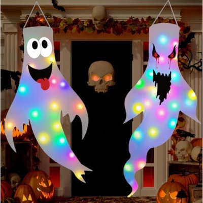 Décorations d'Halloween pour l'extérieur intérieur, ensemble de 2 décorations fantômes illuminées avec lumières DEL, fantôme suspendu, décoration d'Halloween pour la véranda de jardin (2B-2Pack)
