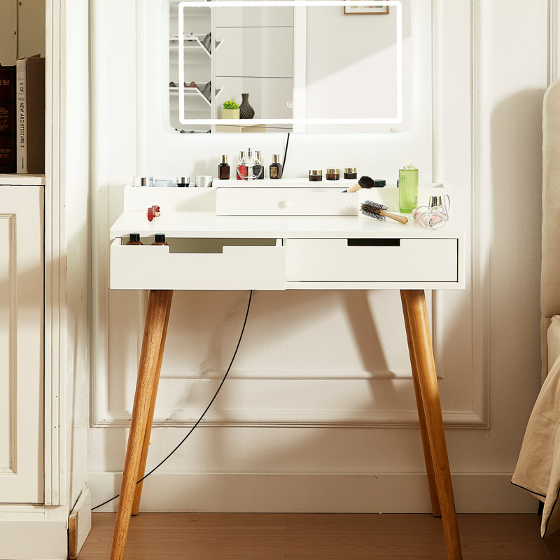 Meuble-lavabo de chambre à coucher blanc avec éclairage à 3 modes de couleur, miroir amovible et rangement ouvert pour lumières à DEL à intensité variable de 31,5 po, système à 2 tiroirs de 23,6 po x 13,7 po