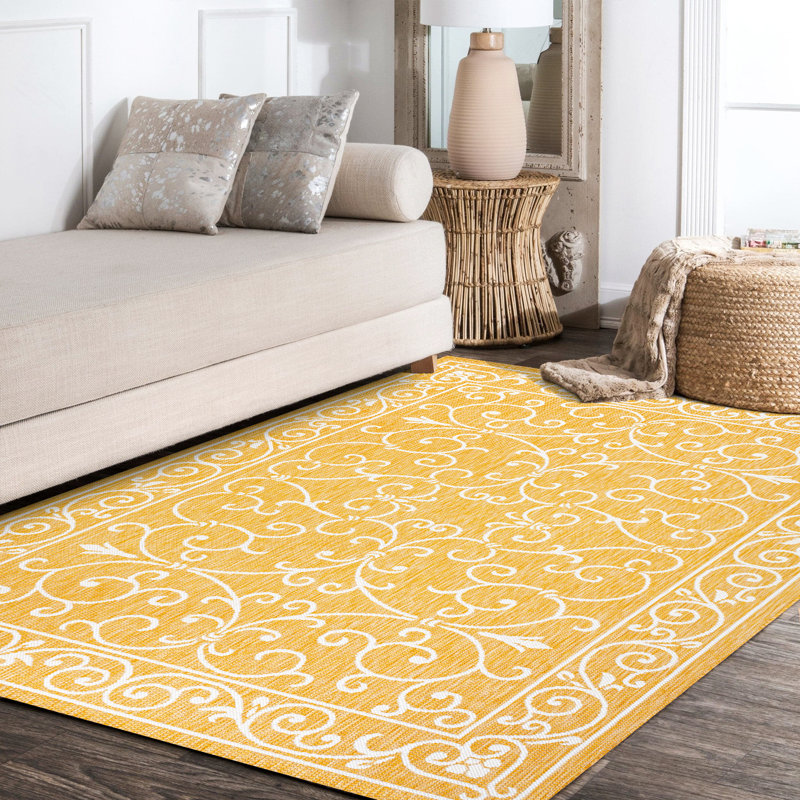 Debbe Vintage Filigree Textured Weave Yellow/Cream Indoor/Outdoor Rug, Rectangle 5'3" x 7'7"
