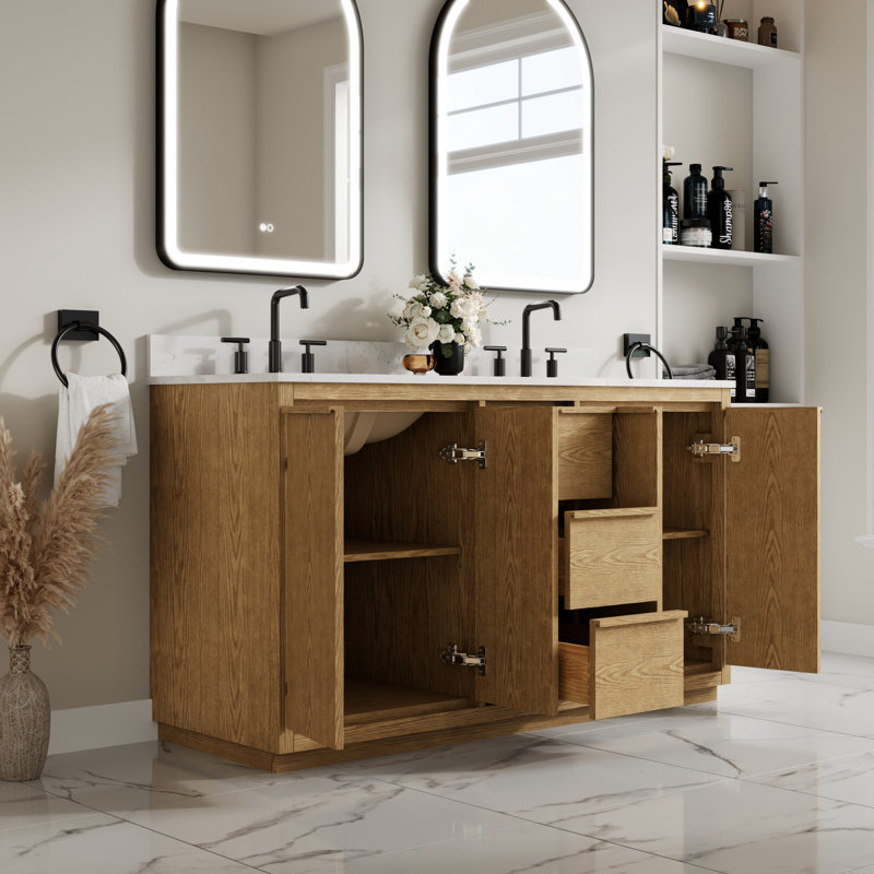 Meuble-lavabo sur pied l 60 po x H 35 po avec structure en bois de chêne, plateau en quartz blanc Carrera, lavabo double, entièrement assemblé