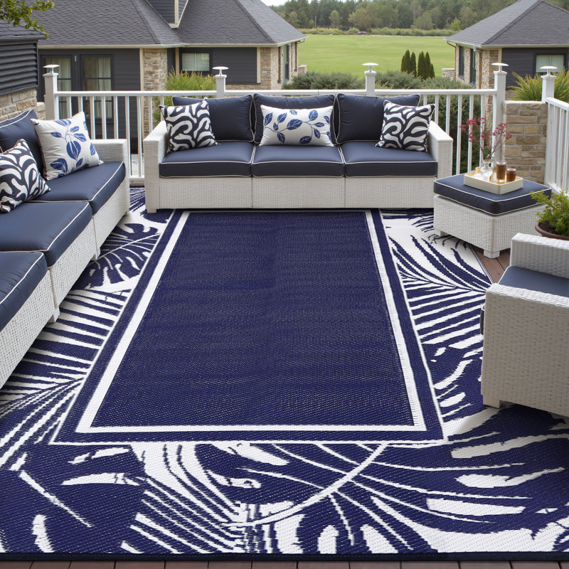 Geometric Border Reversible Outdoor Ellie In Navy Blue, Rectangle 9' x 12'