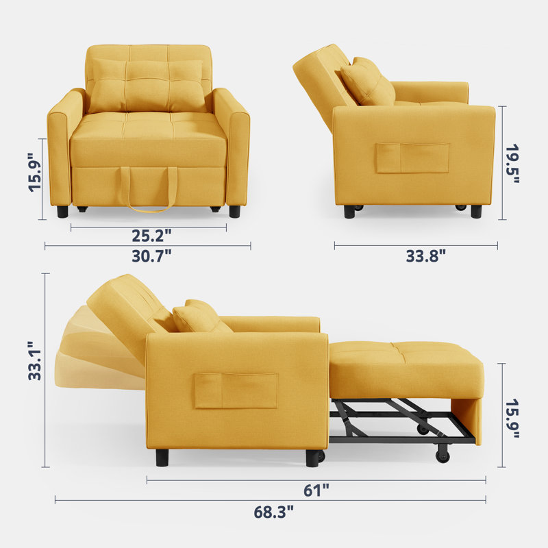 Zhenya 3-In-1 Convertible Accent Chair , Pull-Out Upholstered Sleeper Sofa Bed With Accent Pillow, Yellow