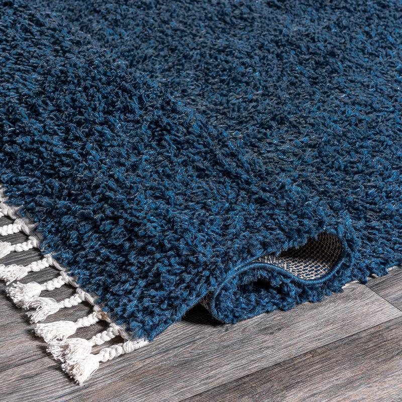 Hollier Modern Power Loom Performance Shag Tasseled Blue Rug, Square 8'