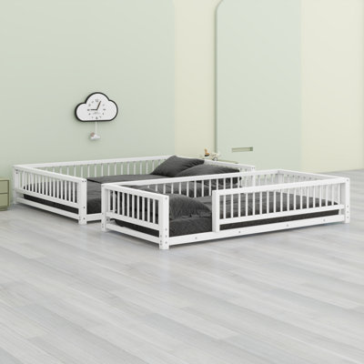 Floor Bunk Bed Frame With Ladder And Safety Guardrails