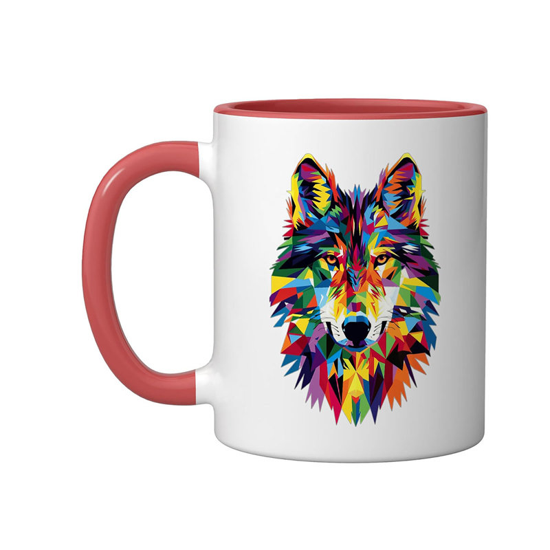 Wolf Geometric Ceramic Mug, 11oz, Red