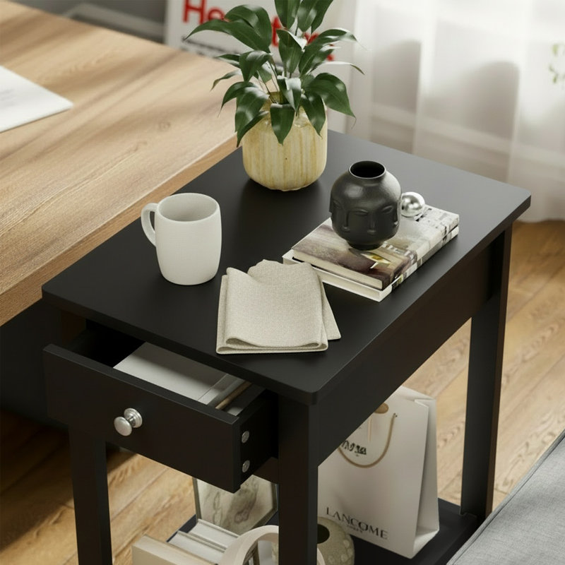 Table de bout en bois de couleur unie avec tiroir et tablette ouverte, table de chevet transitionnelle pour petits espaces, l 11,8 po x P 18,1 po x H 23,6 po