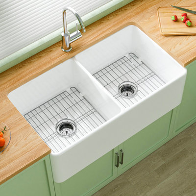Bafv Apron Front Kitchen Sink 33" L x 18" W Double Bowl Fireclay with Bottom Grid and Basket Strainer