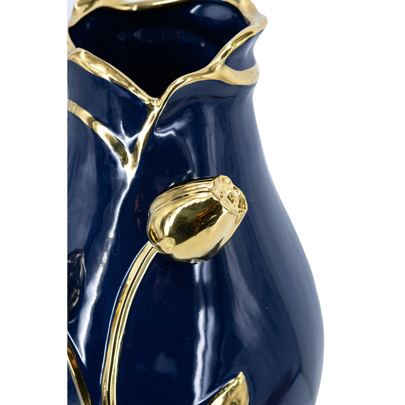 Navy Blue Ceramic Vase With Gold Tulip Design, 13.6" H x 7.9" W x 7.9" D