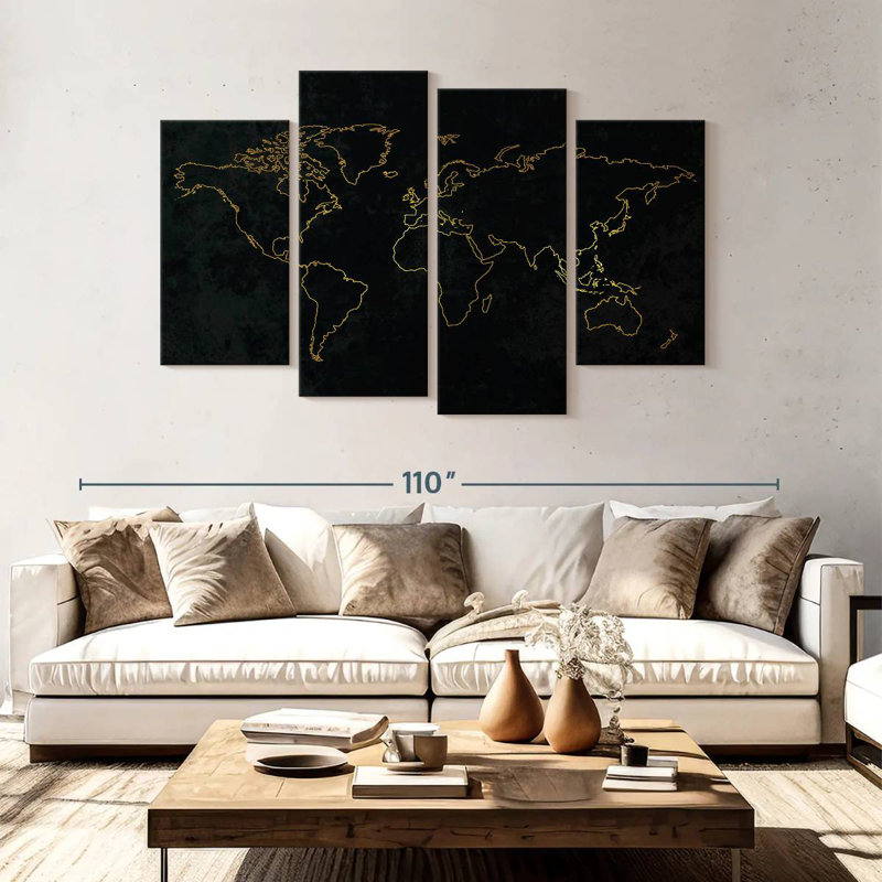 Aliaz Gold Outline World Map, 54" H x 84" W