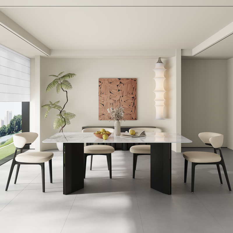 63'' Modern Minimalist White Marble Dining Table With Black Stainless Steel Legs, Rectangular Kitchen Table For 6-8 People