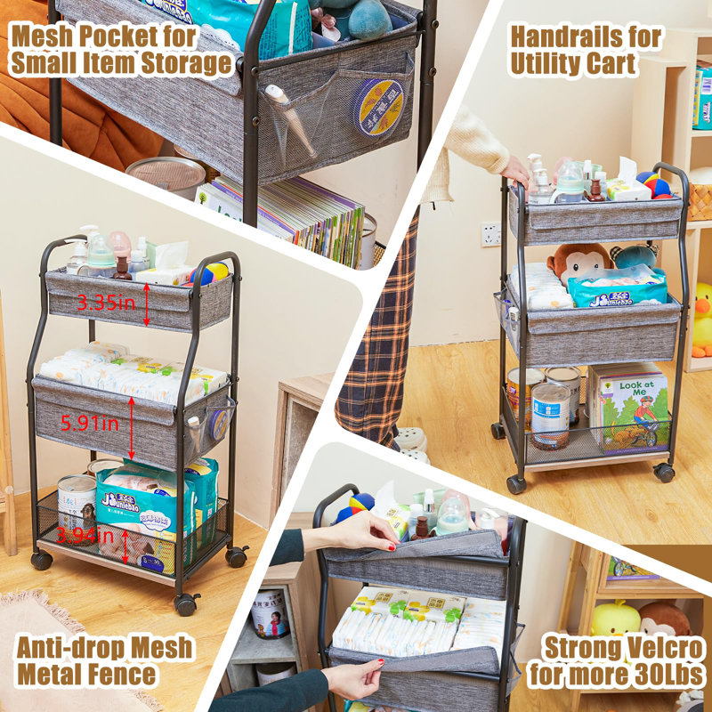3-Tier Baby Diaper Caddy Organizer And Storage Cart With 4+2 Dividers, Mobile Metal Utility Cart With Rolling Wheels, Large Capacity Rolling Cart