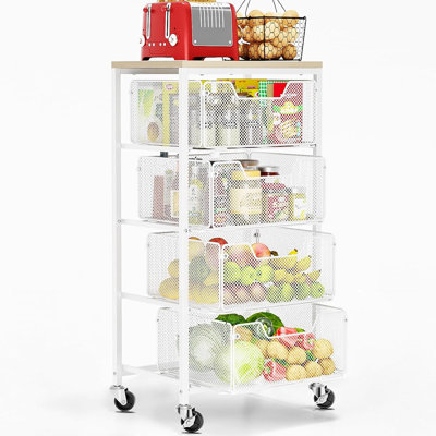 Chariot de rangement à 4 niveaux avec tiroirs et plateau en bois, organisateur utilitaire en métal sur roulettes verrouillables, support polyvalent pour fruits, légumes, collations, artisanat, fournitures de bureau et de beauté (blanc)