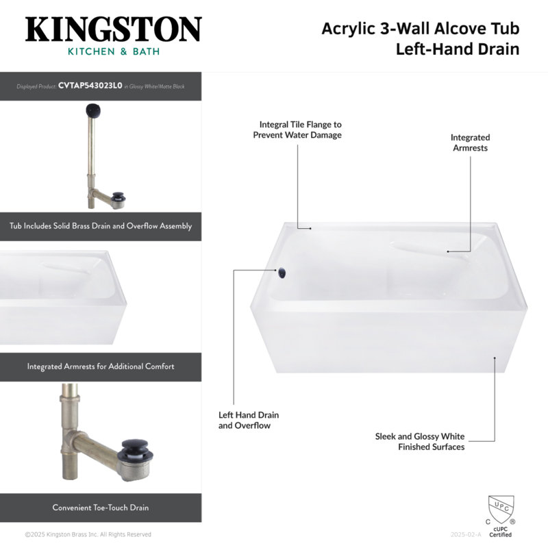 Kingston Brass Aqua Eden 54-Inch Acrylic Rectangular 3-Wall Alcove Tub With Armrests, Left, Matte Black