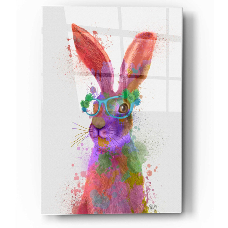 «Rainbow Splash Rabbit 2, Portrait» par Fab Funky, art mural en verre acrylique, H 16 po x l 12 po x P 0,13 po