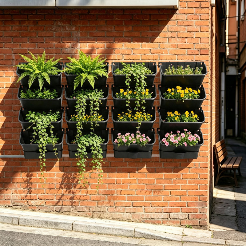 Ensemble de 16 pots de fleurs muraux avec bassin de drainage et tuyau d'évacuation, Noir