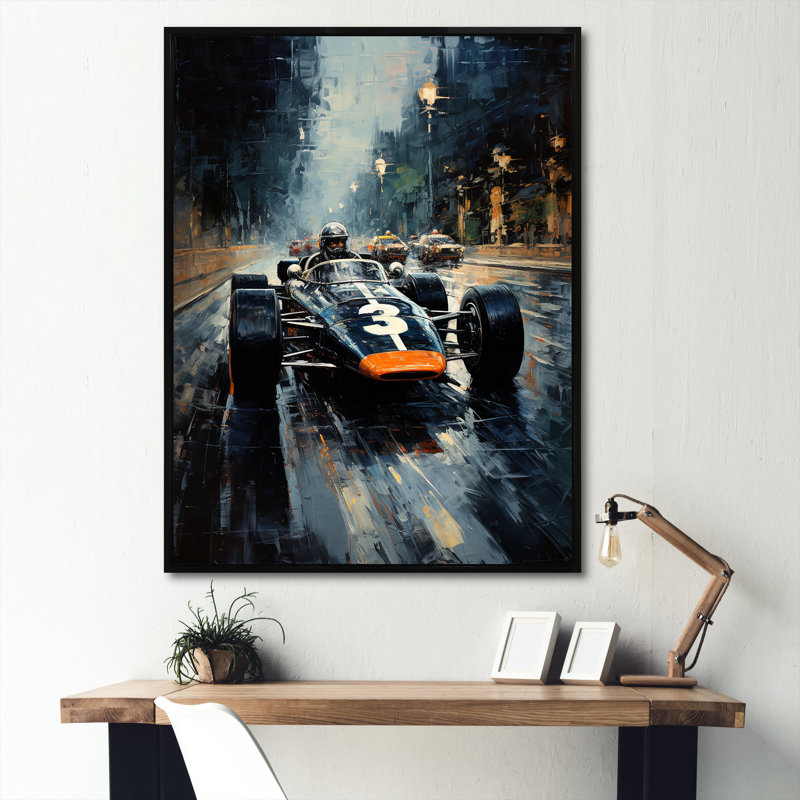 «Midnight Vintage Race Car 1950S On Race Track I - Race Tracks», art mural, Cadre flottant noir, 44" H x 34" W