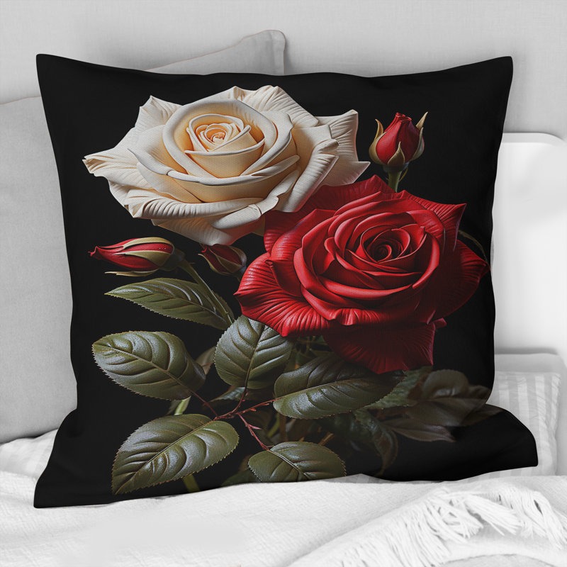 Coussin décoratif imprimé de fleurs blanches et roses rouges