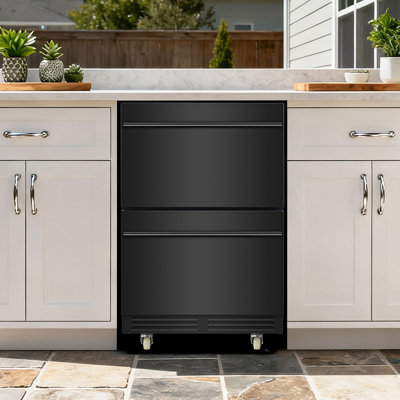 24" Outdoor Beverage Refrigerator with Drawer Design, Built-In or Freestanding Cooler with Wheels, Grid Organizer, and Interior Lighting for Patios and Backyards