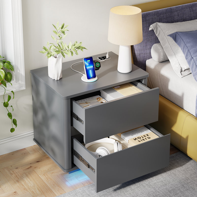Table de chevet en bois de style moderne avec lumière corporelle et deux tiroirs, Gris