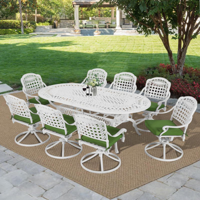Red Barrel Studio® 9-Piece Outdoor Patio Dining Set, All-Weather Cast Aluminum Patio Conversation Set With 8 Cushioned Swivel Rocker Chairs For Backyard Garden Deck, 1 Oval Table, 2" Umbrella Hole, White