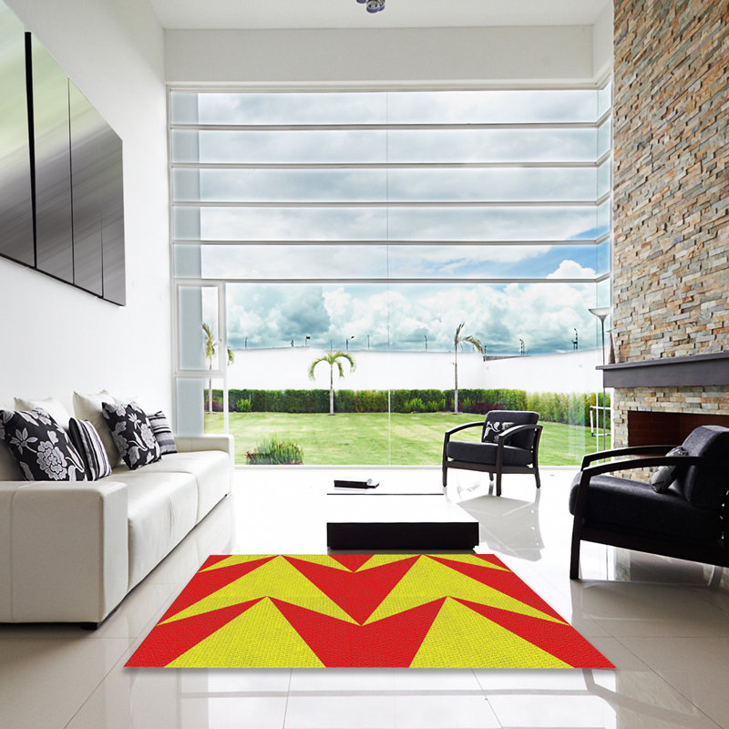 Tapis rouge / jaune à motif abstrait Marlene, Carré 3 pi