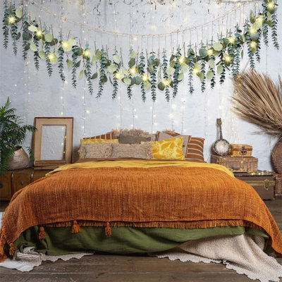 Fall Artificial Eucalyptus Wall Hanging Boho Decor With LED Light Bedroom Wall Farmhouse Nursery Decor With LED String Lights For Fall Home Office Bathroom Kitchen(Green)