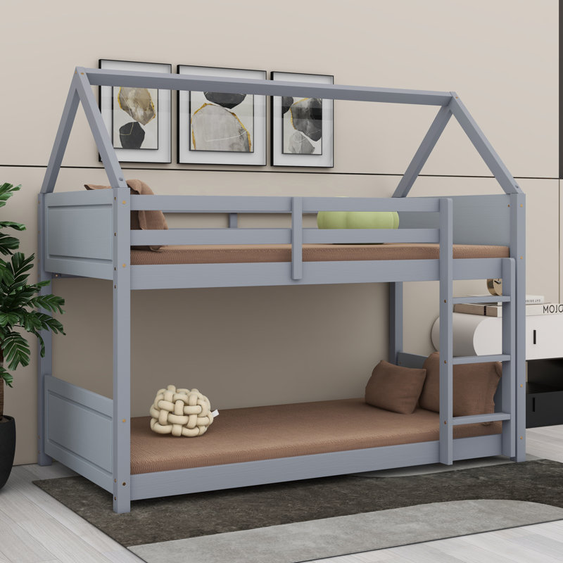 Cadre de lit maison avec têtes de lit, pieds de lit et garde-corps, échelle, Gris clair
