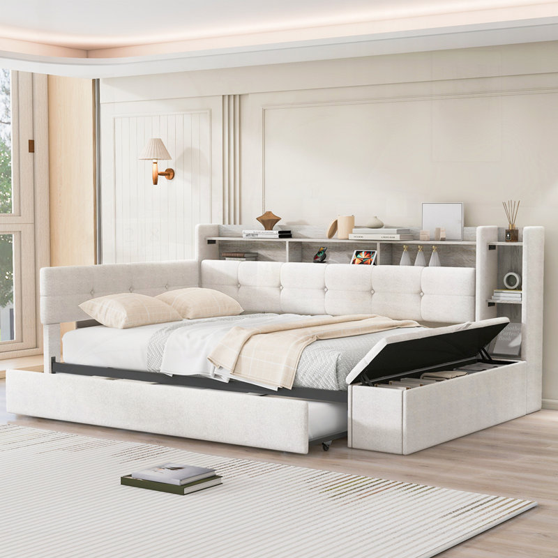 Lit de jour rembourré avec repose-pieds et tablettes avec couchette, charge USB et lumière DEL, Full, Beige