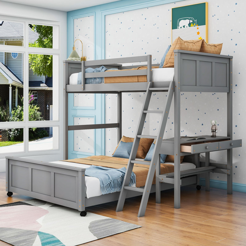 Janush Wood Bunk Bed with Desk and Drawers, Gray, Twin over Full