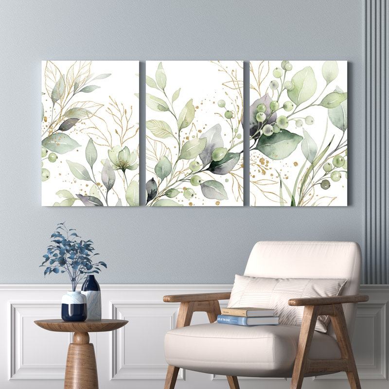 Watercolor Greenery And Gold Accents Canvas Wrapped Wall Art Set Of 3 For Living Room Bedroom Or Office Decor, 36" H x 72" W