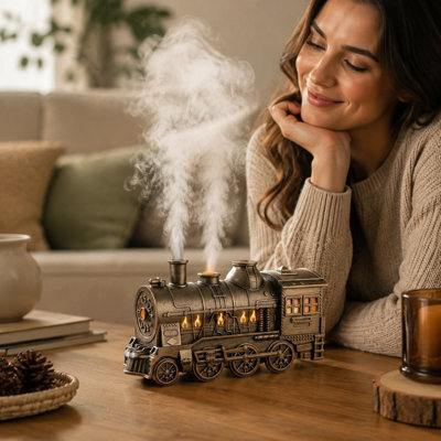 Diffuseur d'huiles essentielles vintage en tissu, motif locomotive, humidificateur, USB, diffuseur d'aromathérapie avec brumisation, idéal pour la décoration de la maison, du bureau ou du bureau.