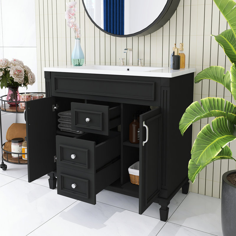 36 po Ensemble de meuble-lavabo autoportant avec comptoir intégré en céramique brillante, Noir