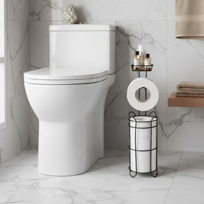 Brown Freestanding Toilet Roll Holder with Shelf and Storage Basket, Toilet Paper Organizer Rack