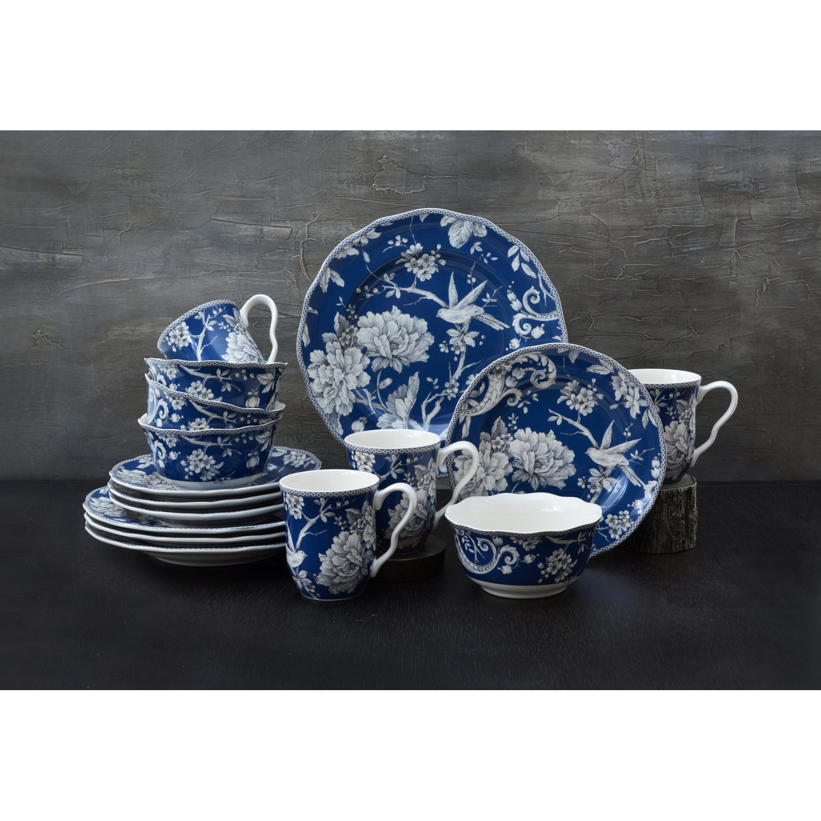 Adelaide Porcelain Dinnerware Set - Service for 4, Floral, Dark Blue