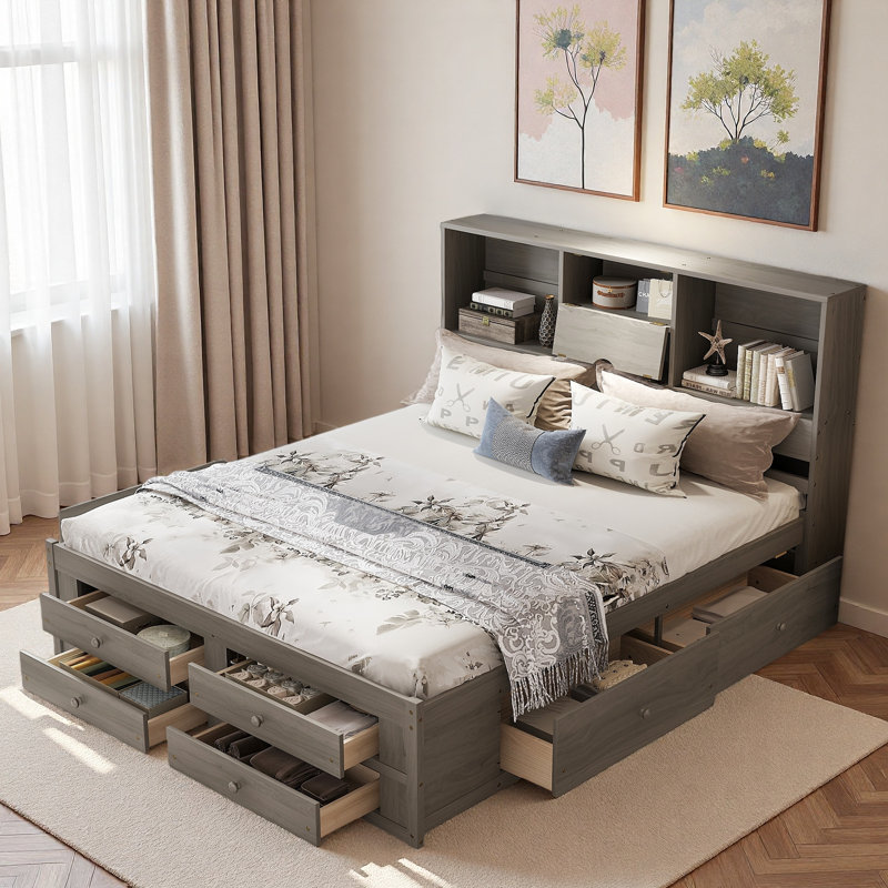 Lit plateforme avec tête de lit avec rangement et 8 tiroirs, Gris, Roi