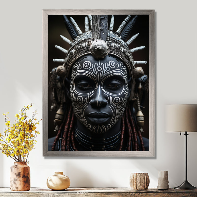 Masque africain Kiyansh Tribu V - imprimé, H 44 po x l 34 po x P 1,5 po, Cadre flottant doré