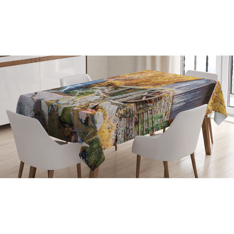 Ambesonne Waterfall Tablecloth, Fall Season Image Of Historical Water Mill And Waterfall Outdoor Nature Art, Rectangular Table Cover For Dining Room Kitchen Decor, 52" X 70", Yellow Brown